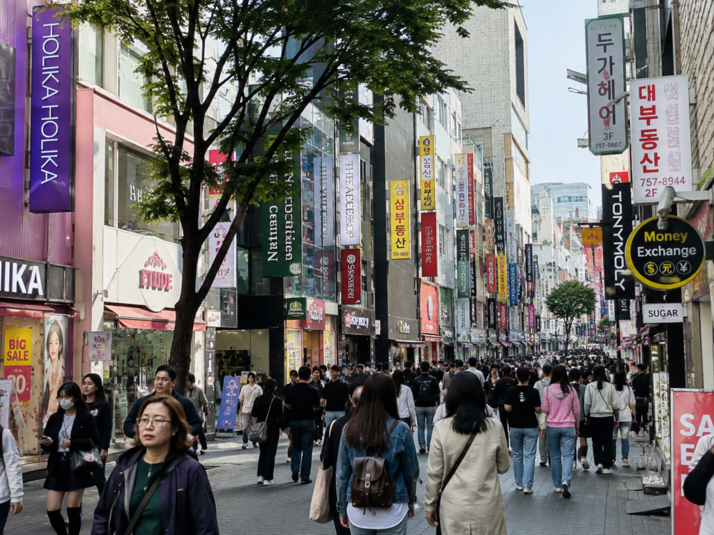 Myeongdong shopping street in Seoul, a convenient area to stay for first-time visitors