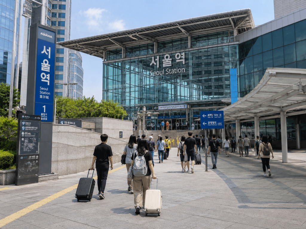 Travelers with luggage outside Seoul Station, a convenient area to stay for KTX and airport transportation
