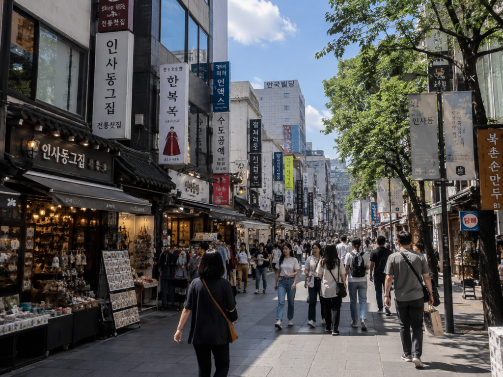 Insadong street in Seoul with traditional shops and visitors exploring the neighborhood