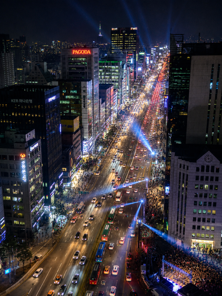Gangnam district in Seoul at night with busy traffic, high-rise buildings and illuminated streets
