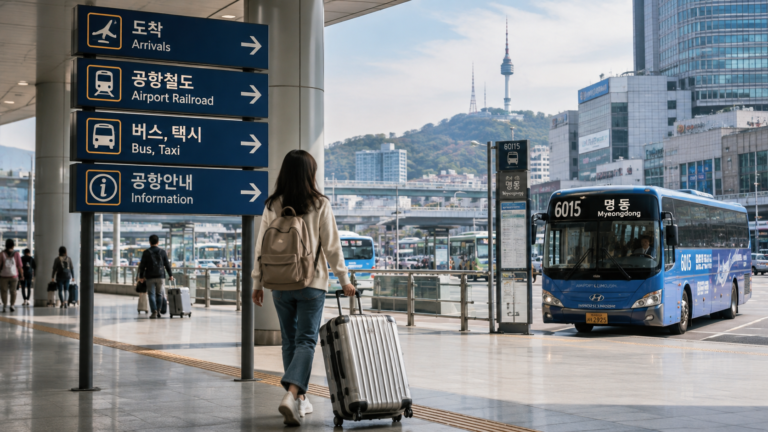 Incheon Airport to Myeongdong transportation guide with AREX train, airport bus, and traveler with luggage