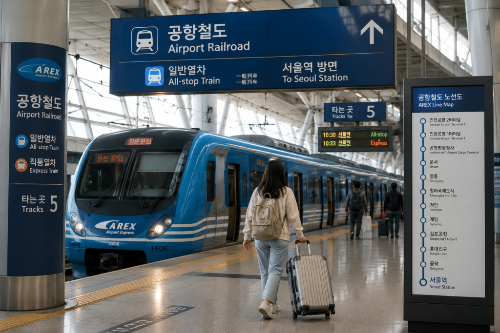 Incheon Airport to Myeongdong transportation guide with AREX train, airport bus, and traveler with luggage