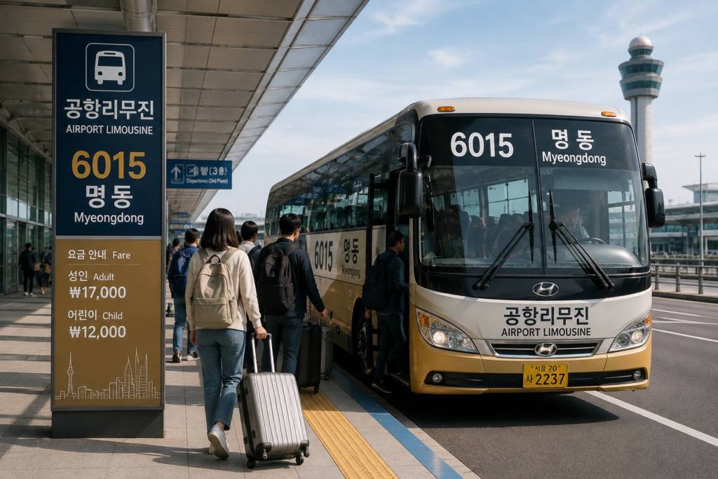 Airport Limousine Bus 6015 from Incheon Airport to Myeongdong with travelers and luggage