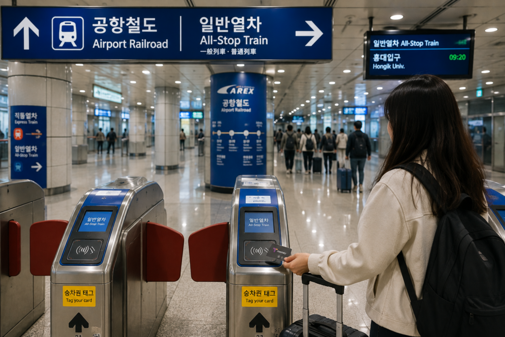Traveler using a T-money card at the AREX All-Stop Train gate at Incheon Airport