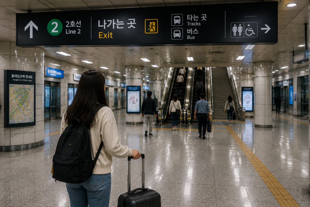 Traveler following exit signs inside Hongik University Station in Seoul