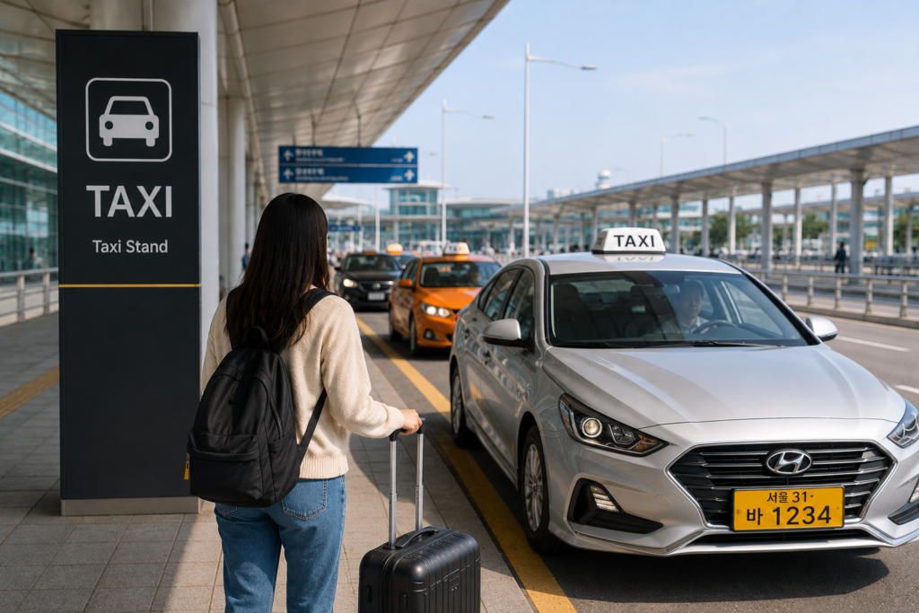 Traveler waiting at the official taxi stand at Incheon Airport before traveling to Hongdae