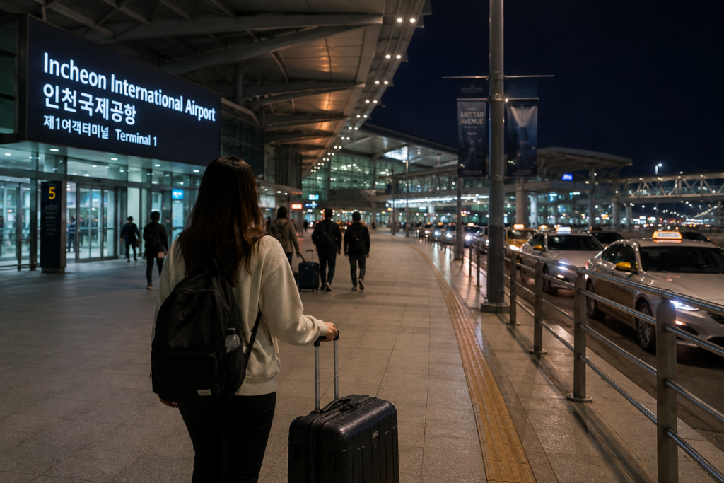 Late-night traveler with luggage at Incheon Airport before traveling to Hongdae