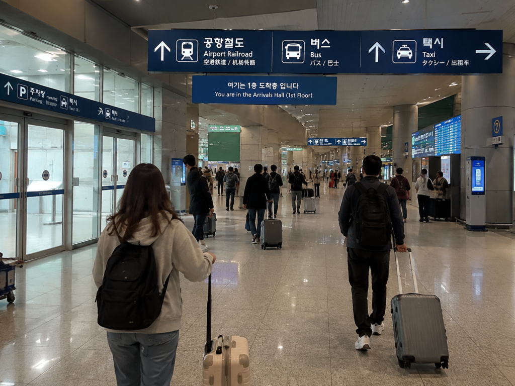 Travelers following transportation signs after arriving at Incheon Airport
