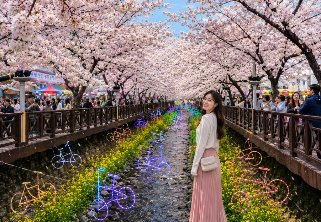 Cherry blossoms in Korea during spring with visitors enjoying a festival