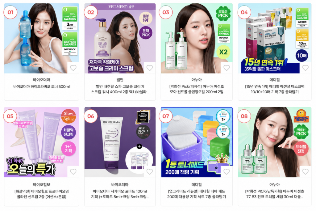 Popular skincare products and current rankings at Olive Young Korea