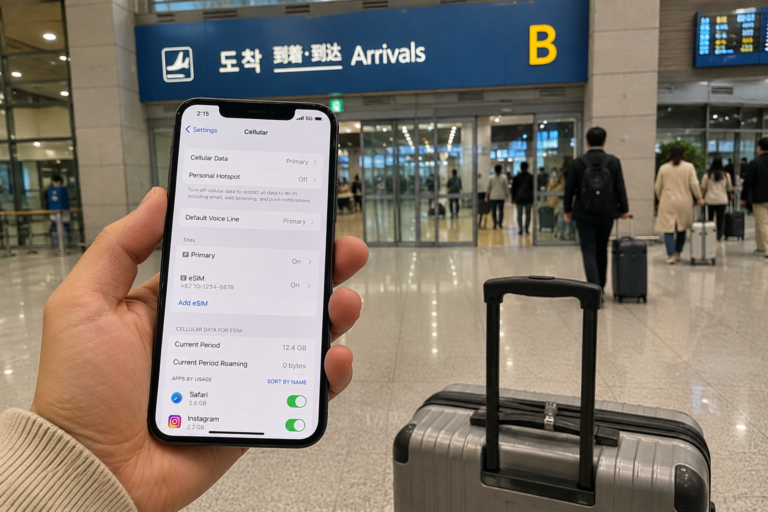 Traveler checking an eSIM on a smartphone after arriving in Korea