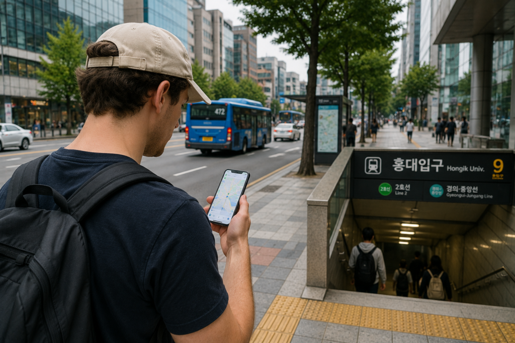 Traveler using a smartphone map near Hongik University Station in Seoul