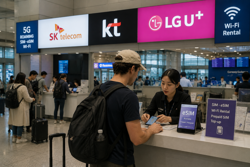 Traveler getting eSIM help at an SKT, KT and LG U+ airport counter in Korea