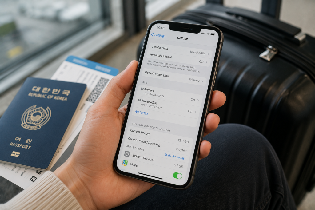 Traveler checking eSIM and cellular data settings before using mobile data in Korea