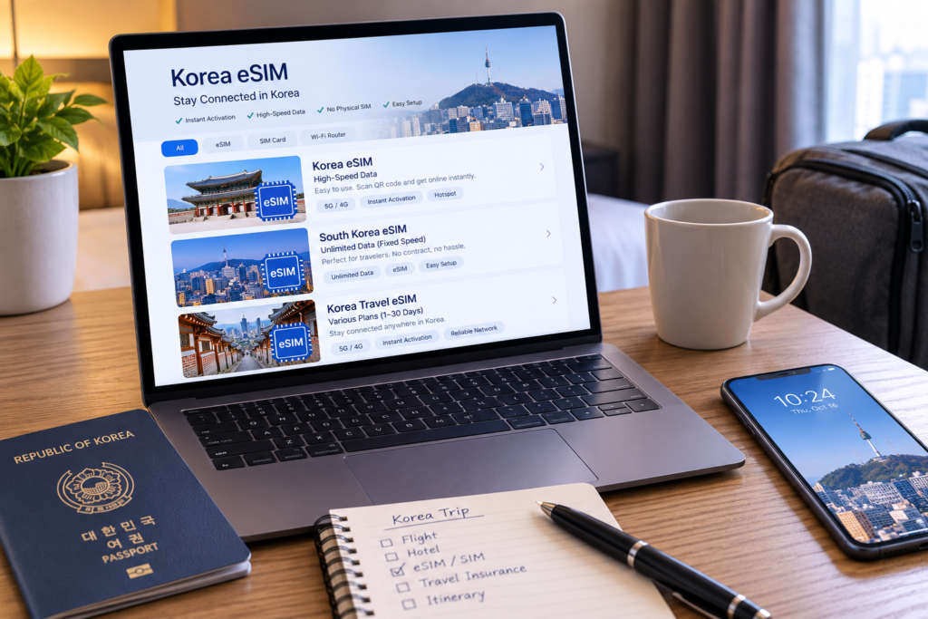 Comparing Korea eSIM plans online before traveling to South Korea