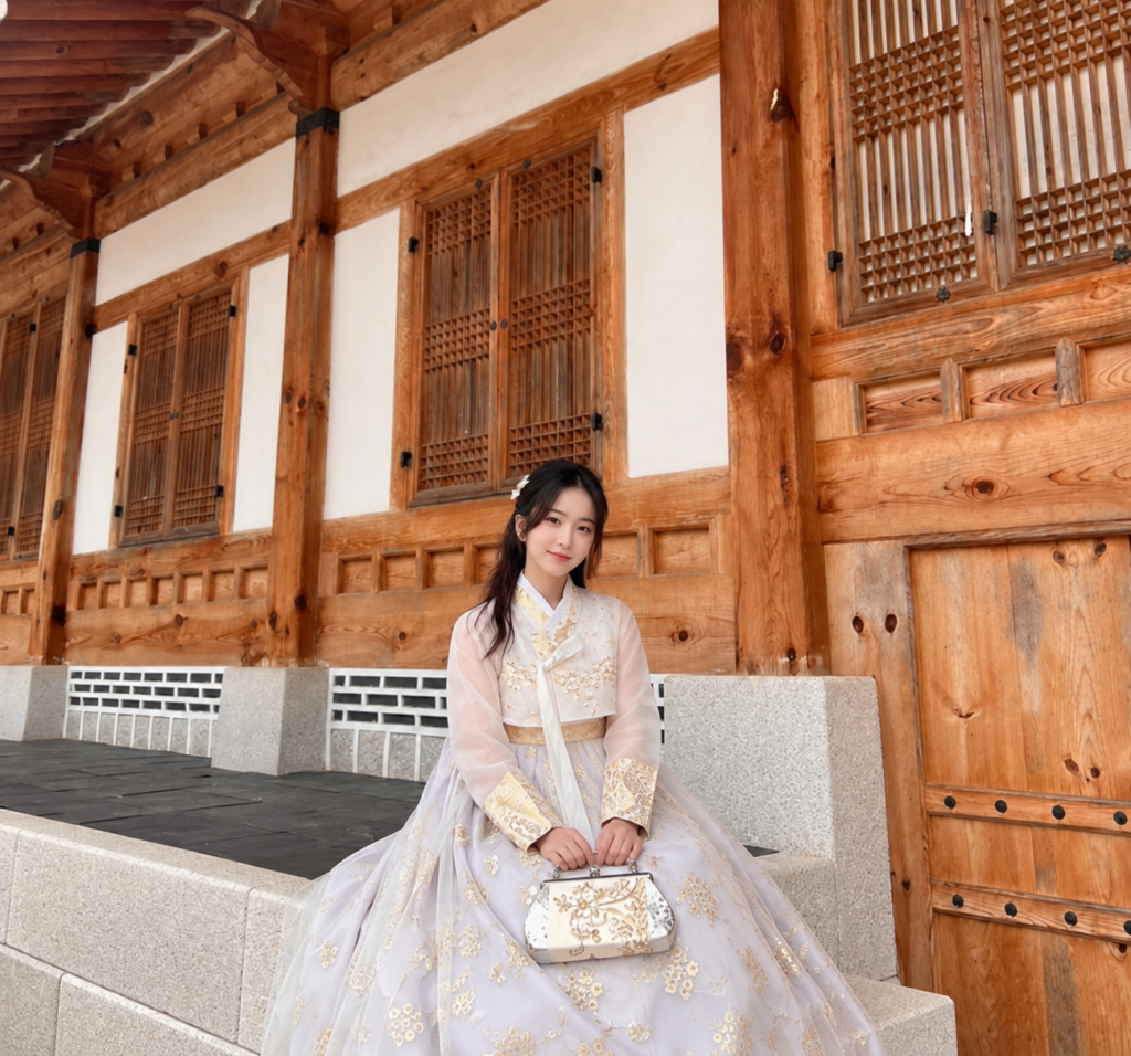 Woman wearing a premium hanbok near Gyeongbokgung Palace