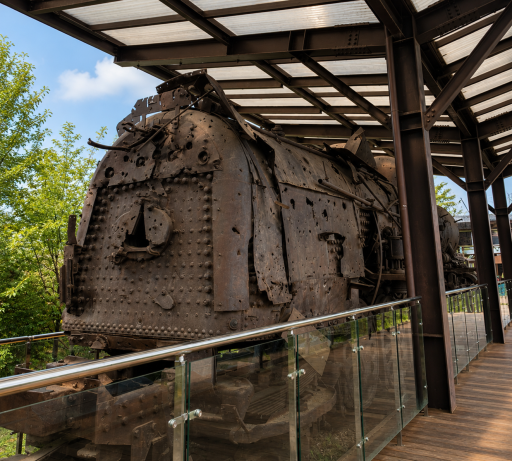 Bullet-damaged Korean War steam locomotive displayed at Imjingak near the DMZ