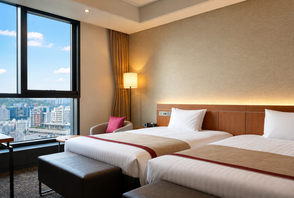 Where to stay in Seoul – modern hotel room with twin beds