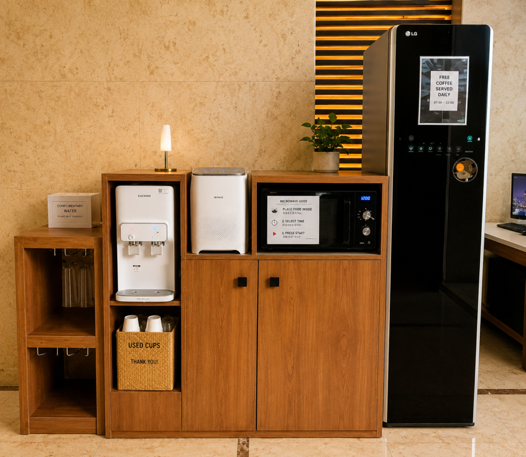 Where to stay in Seoul – hotel shared facilities with a microwave, water dispenser and coffee machine