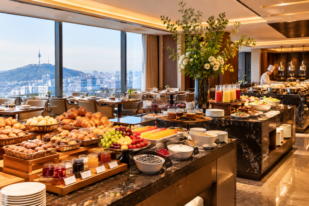 Hotel breakfast buffet in Seoul with pastries, fruit, salads and hot dishes